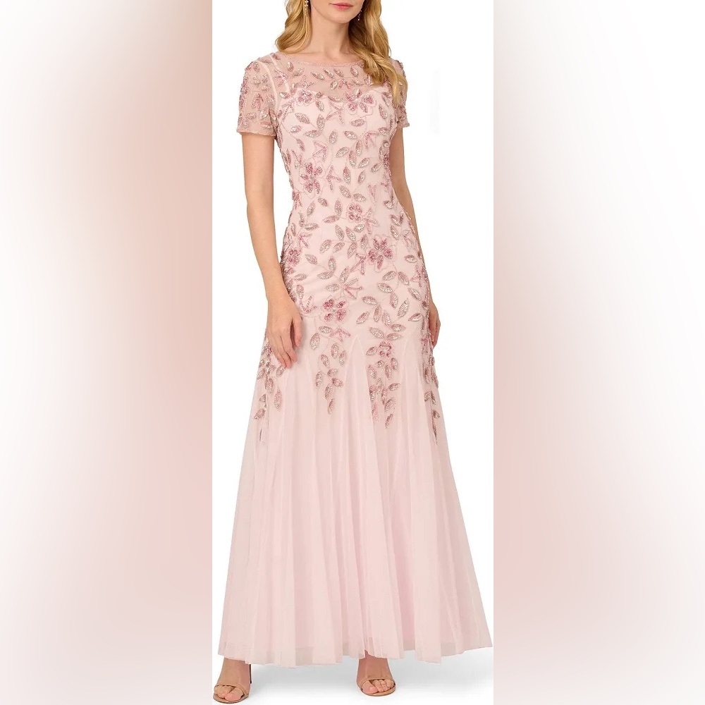 Adrianna Papell Elegant Pink Embroidered Evening Gown - Picture 6 of 13